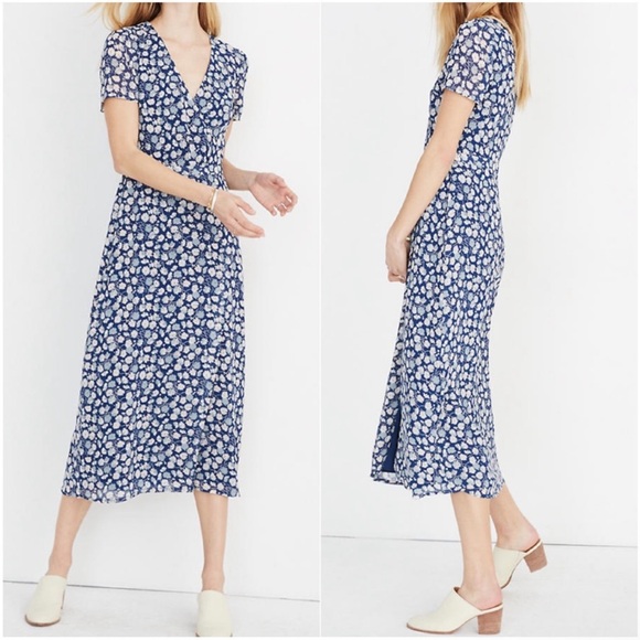 Madewell Dresses & Skirts - Madewell blue Faux Wrap French Floral Midi Dress 6